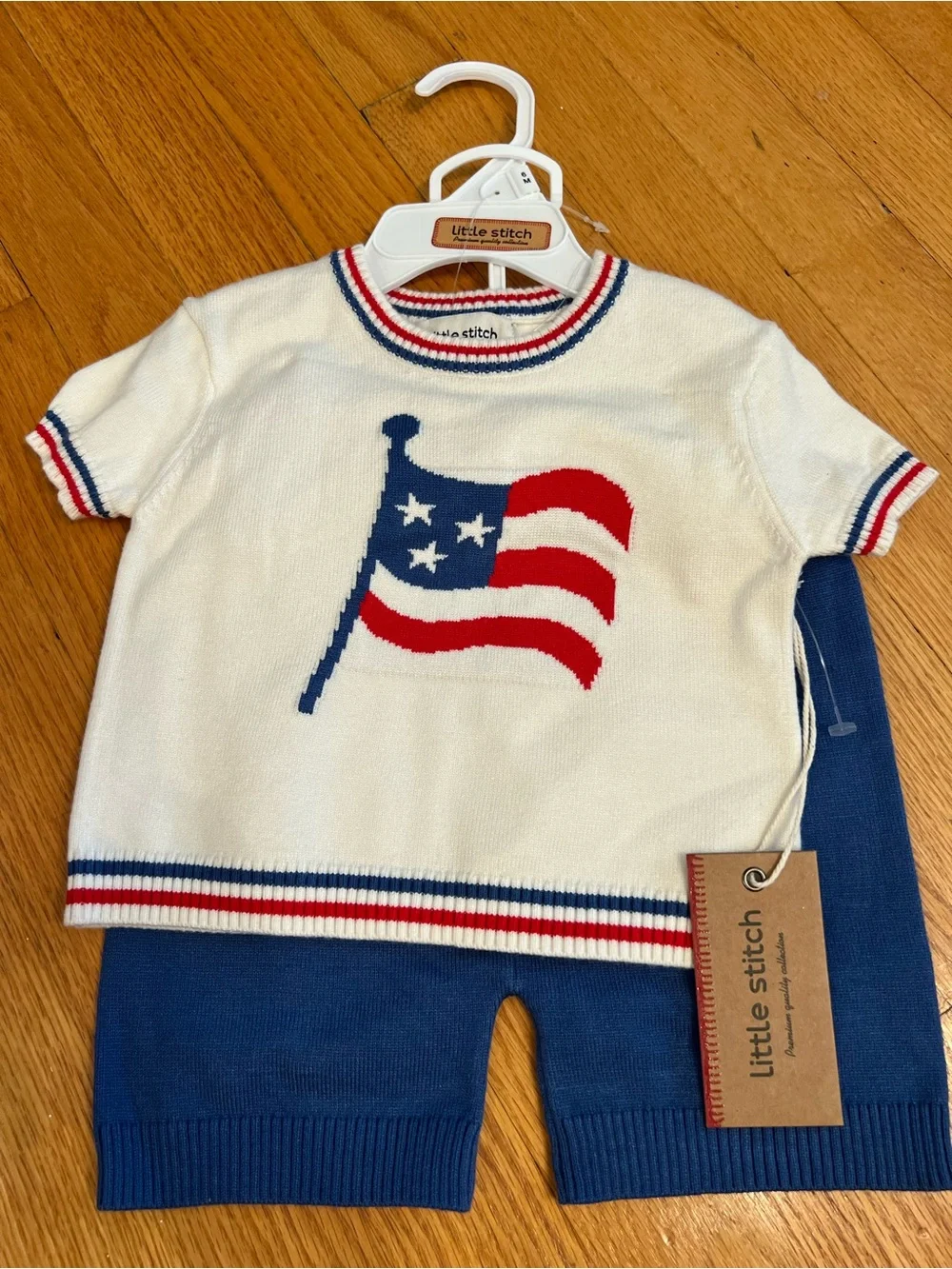 Little Stitch White & Blue Flag Knit shirt and shorts Set